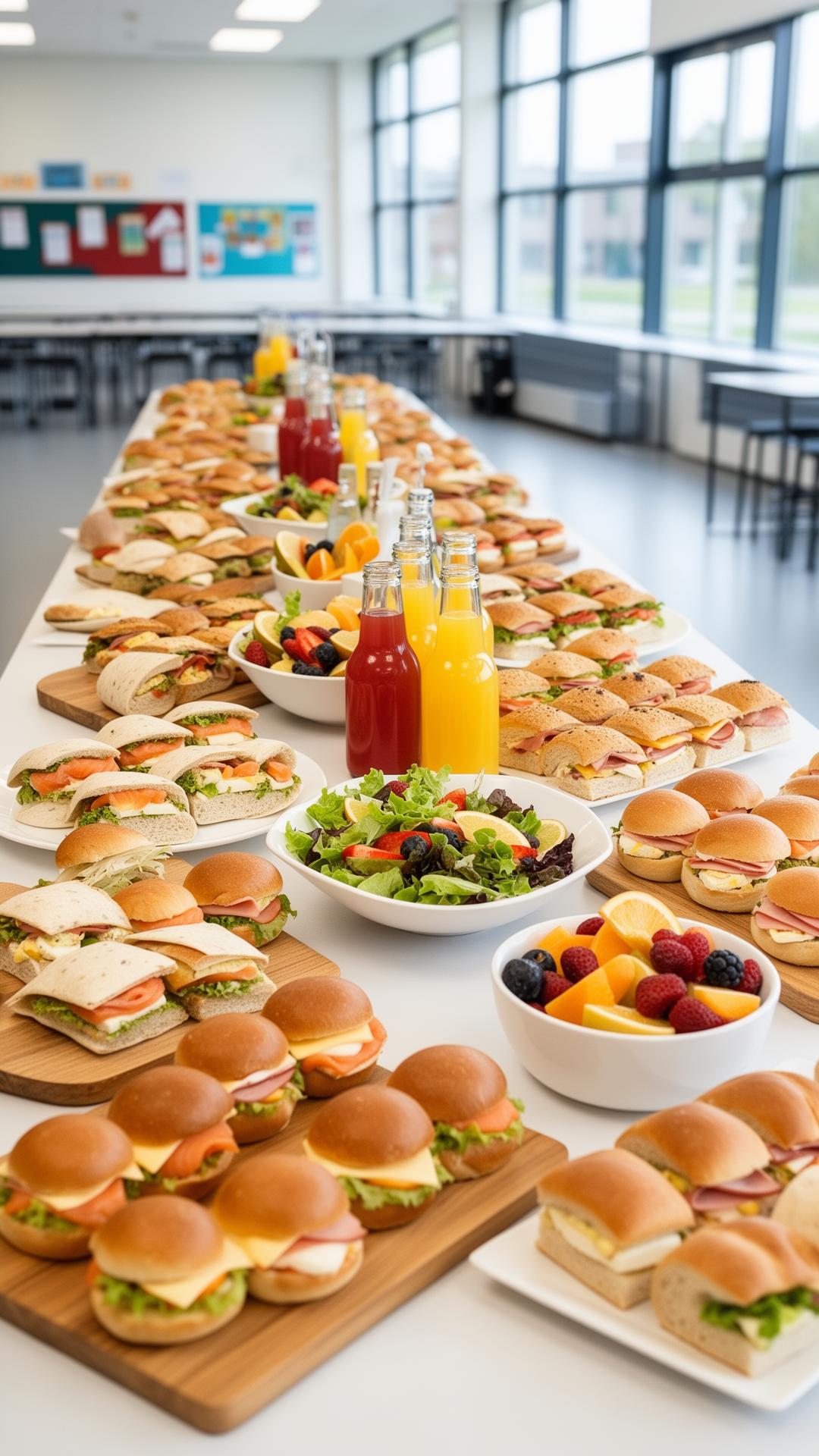 Lange tafel met verschillende verse broodjes voor schoolcatering