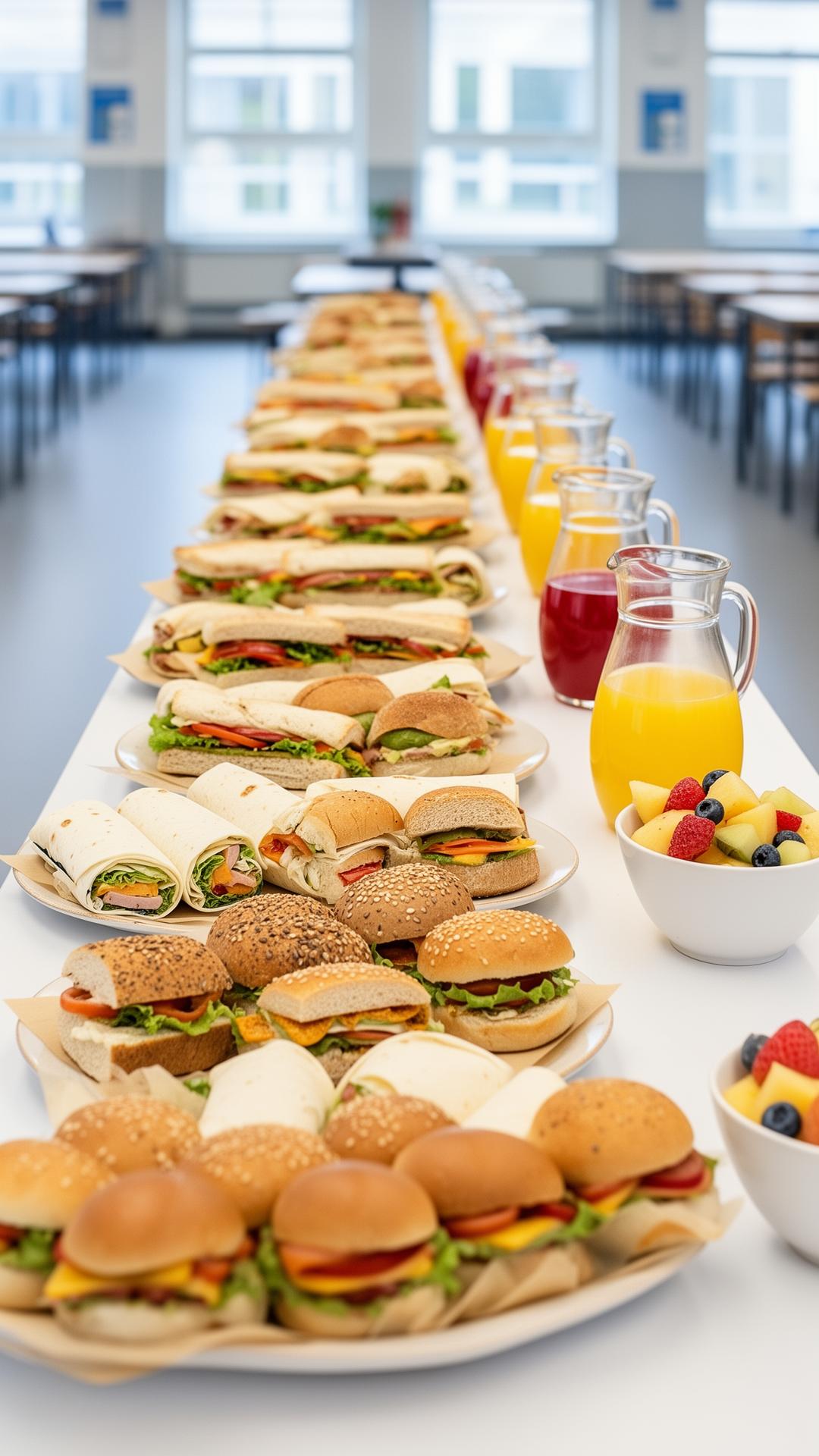 Lunchbuffet met variatie aan broodjes en sapjes